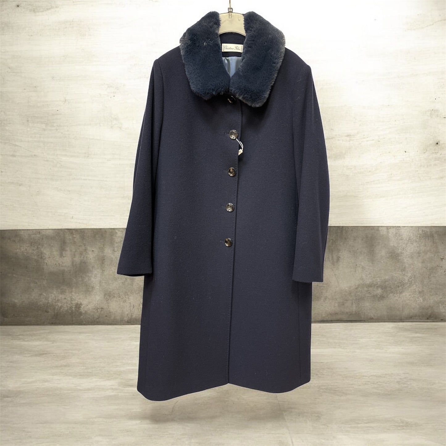 585-4488 Fur Collar 3/4 Lgt Wool Coat Navy