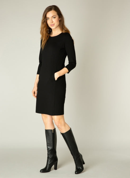 6000019 LONG SLEEVE O-NECK POCKET STRAIGHT DRESS HEAVY FABRIC Black
