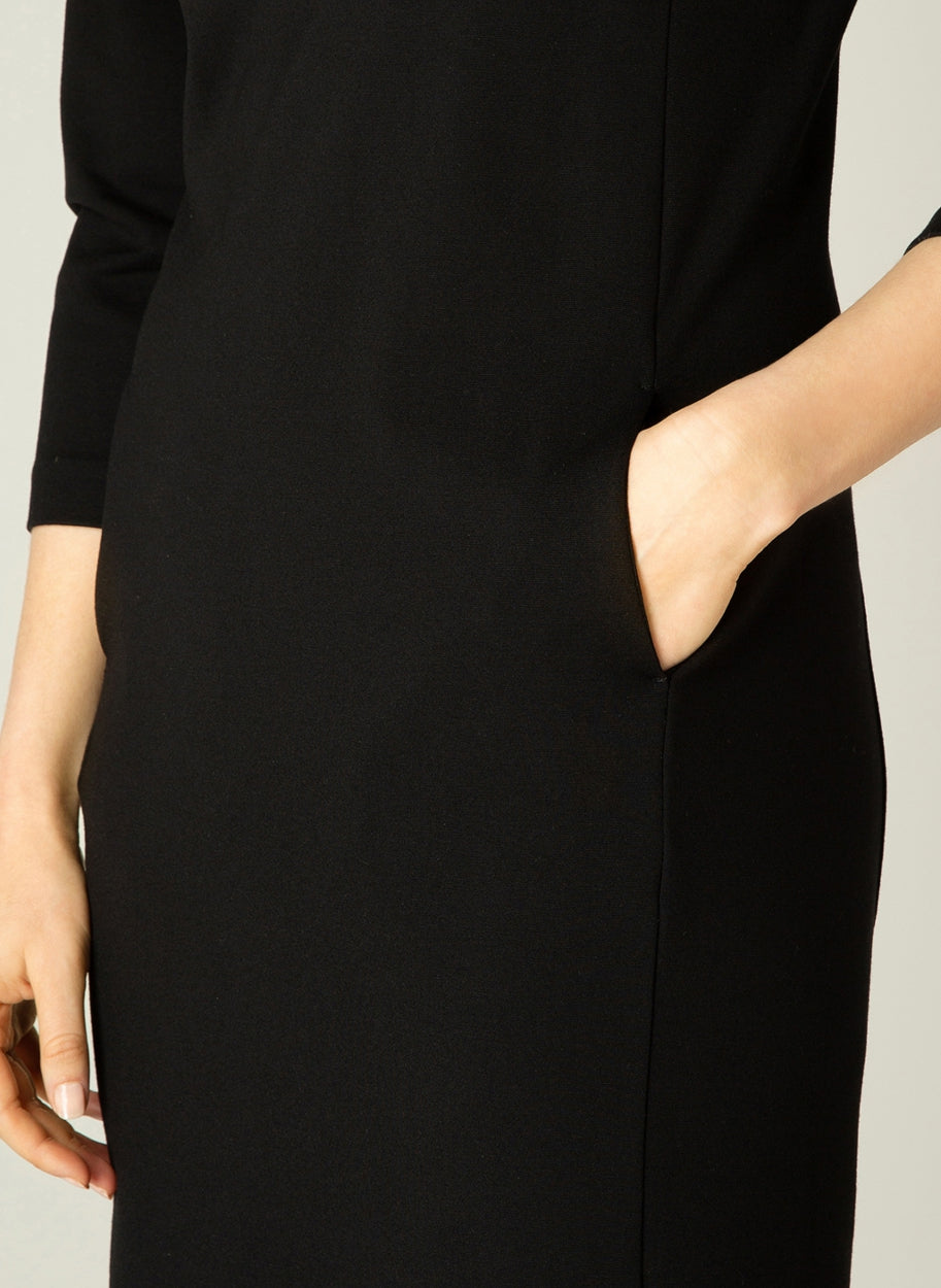 6000019 LONG SLEEVE O-NECK POCKET STRAIGHT DRESS HEAVY FABRIC Black