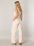 6000088 Stretch Wide Leg Button/Zip Trs Beige