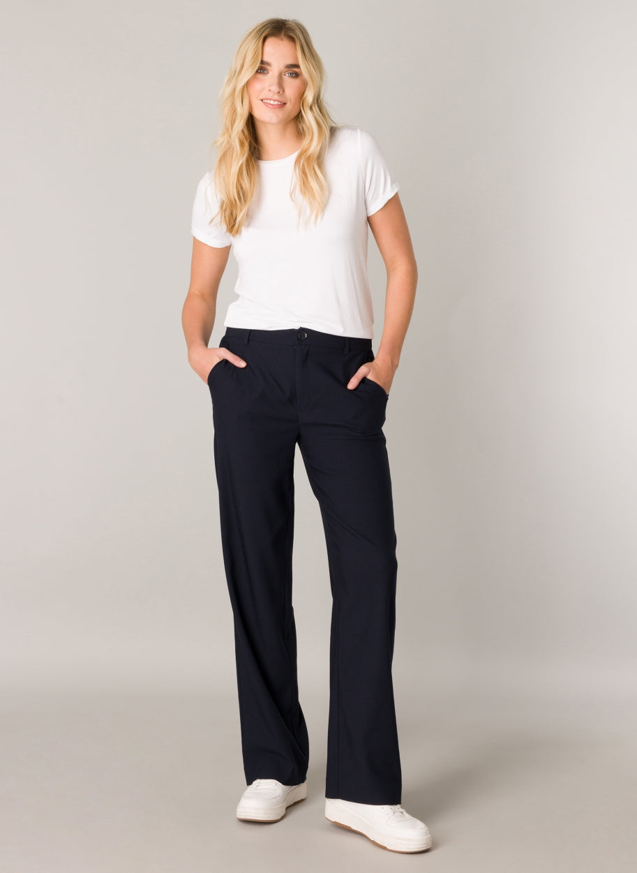 6000088 Stretch Wide Leg Button/Zip Trs Navy
