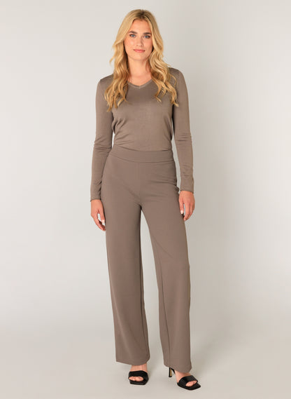 6000092 Basic Wide Leg Pull up Trousers Taupe