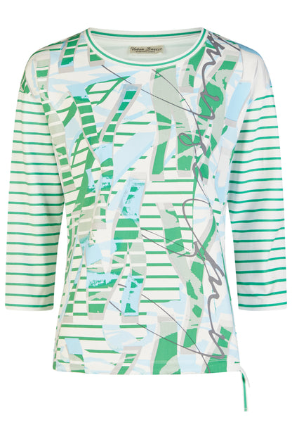 60150062 Stripe/Print 3/4 Slve O-Neck To Green