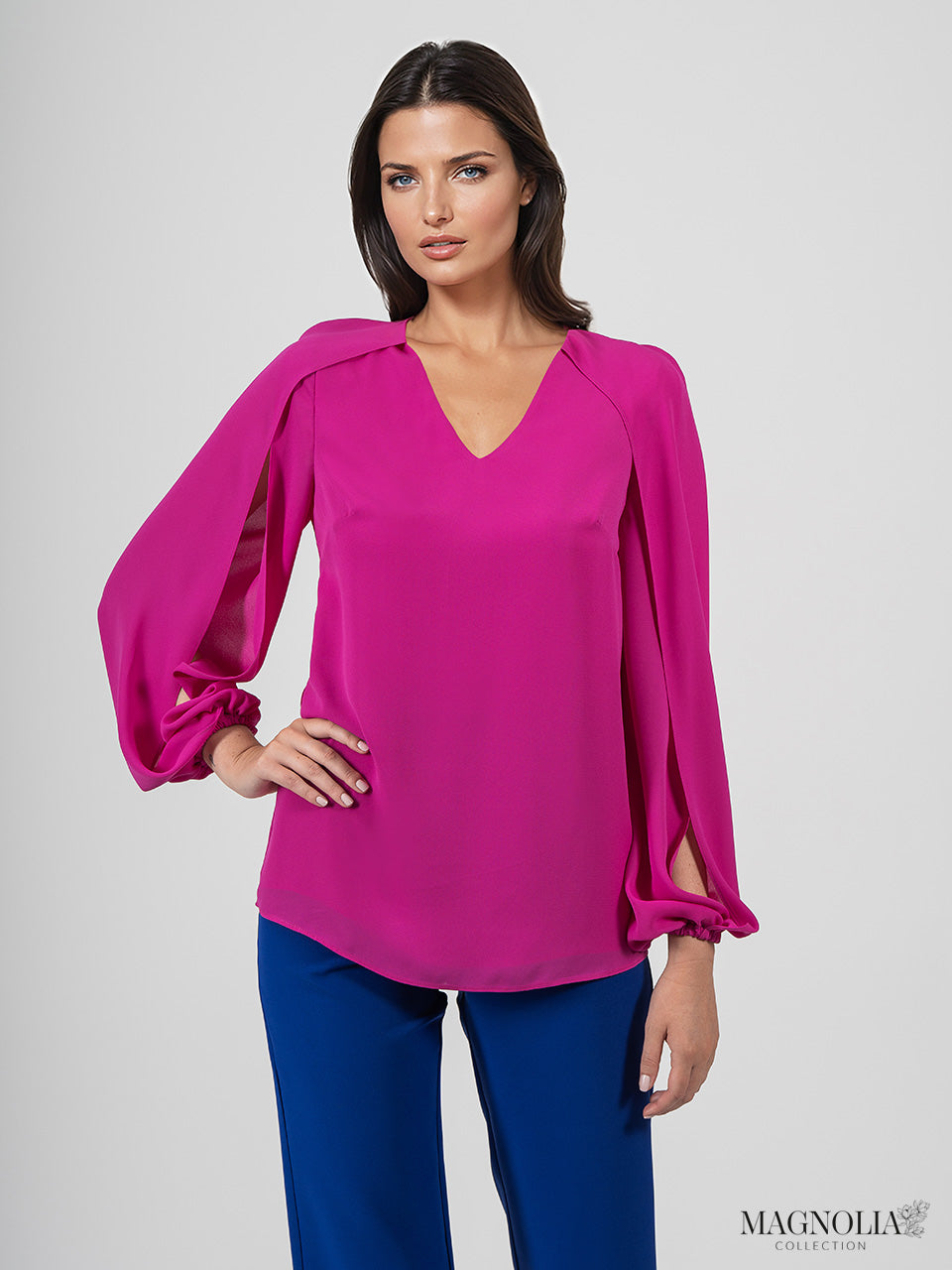 Ct6054.14 Cape Slve V-Neck Chiffon Top Fushia