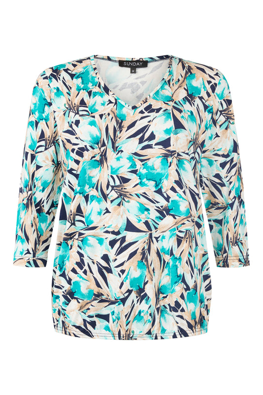 6082/6526 Print 3/4 Slve Elastic Bottom Turquoise