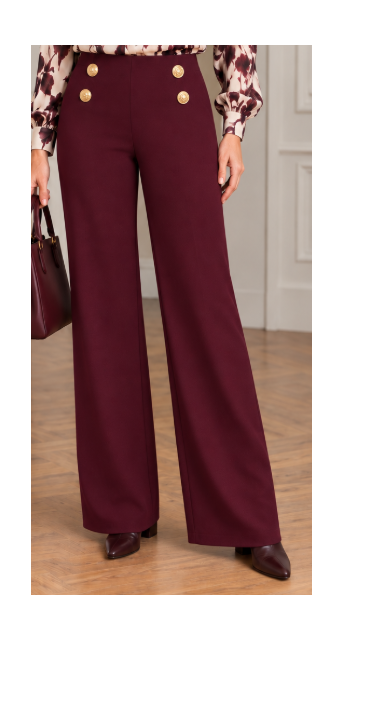 610T Wide Leg Button Detail Waist Trouse WINE