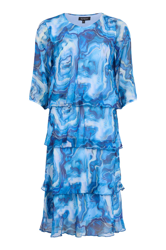 6112/6533 Layered O Neck Print Dress Blue
