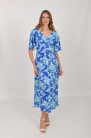 61170 Print V-Neck Fluttery Slve Long Dr Cobalt Blue