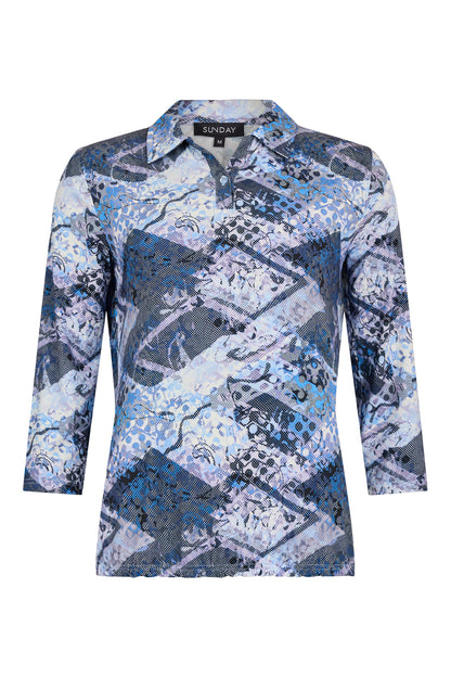 6119/6534 Collar 3/4 Slve Print Top Fuchia