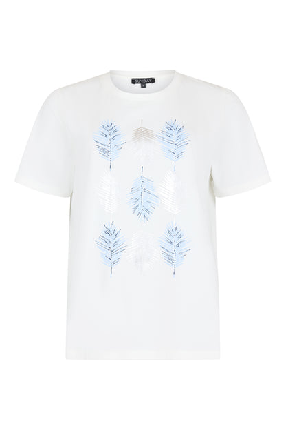6128/6734 S/S O-NECK LEAF MOTIF T-SHIRT White/Blue