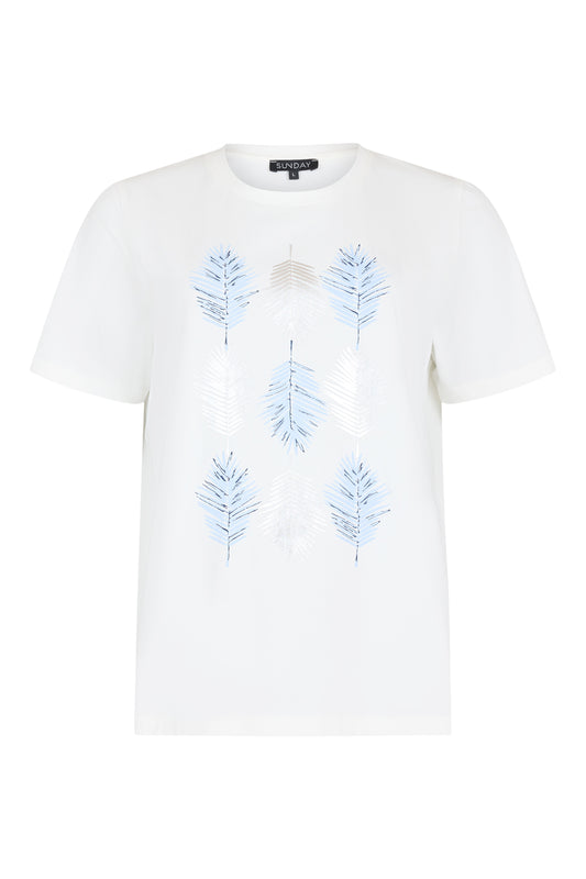6128/6734 S/S O-NECK LEAF MOTIF T-SHIRT White/Blue
