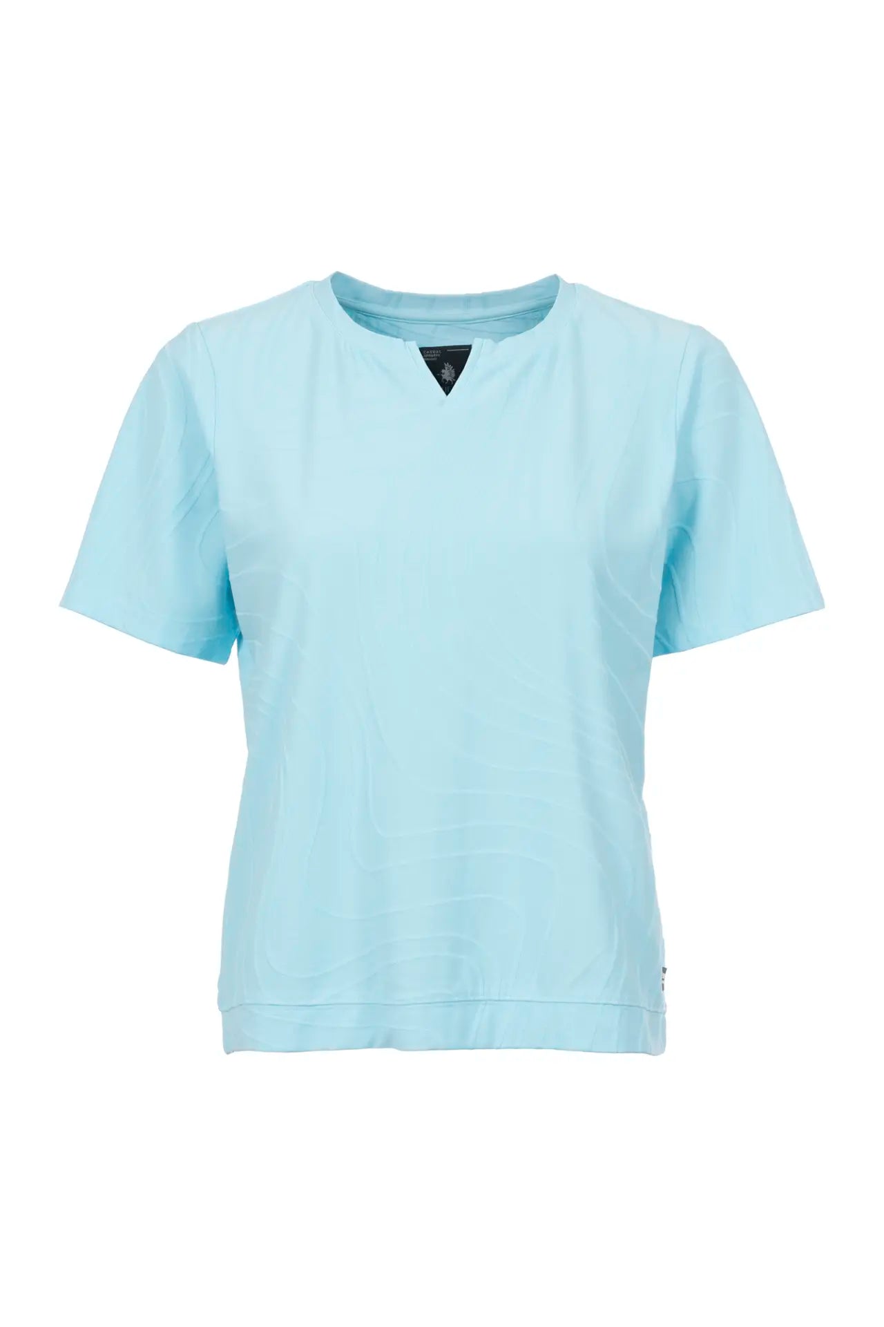 6180-505816 S/S SLIT O-NECK SELF SWIRLY DESIGN TOP Turquoise