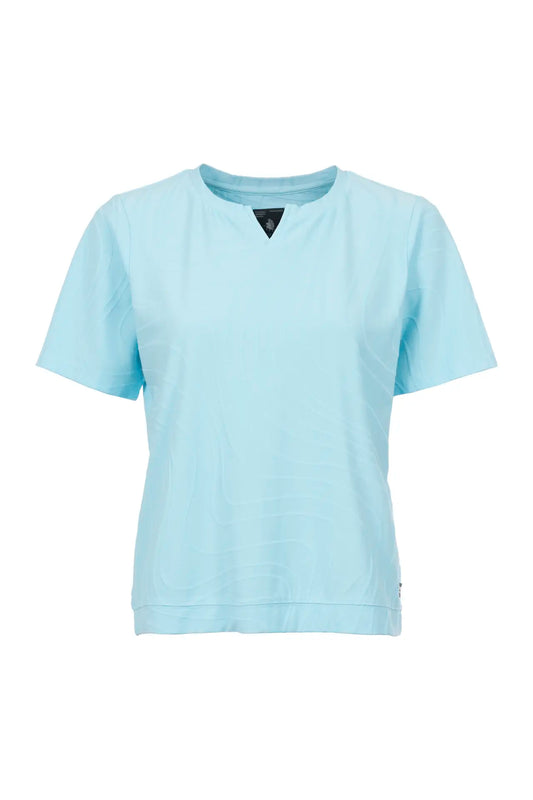 6180-505816 S/S SLIT O-NECK SELF SWIRLY DESIGN TOP Turquoise