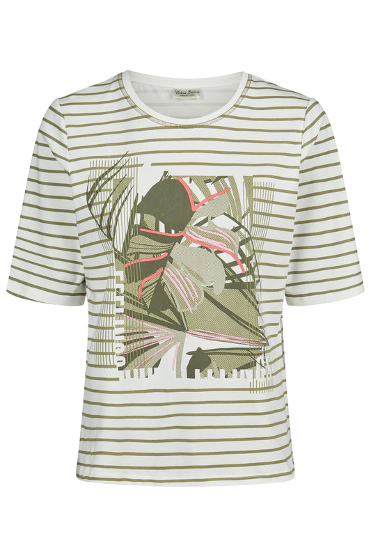 62040062 S/S O-Neck Stripe/Motif Top White/Khaki