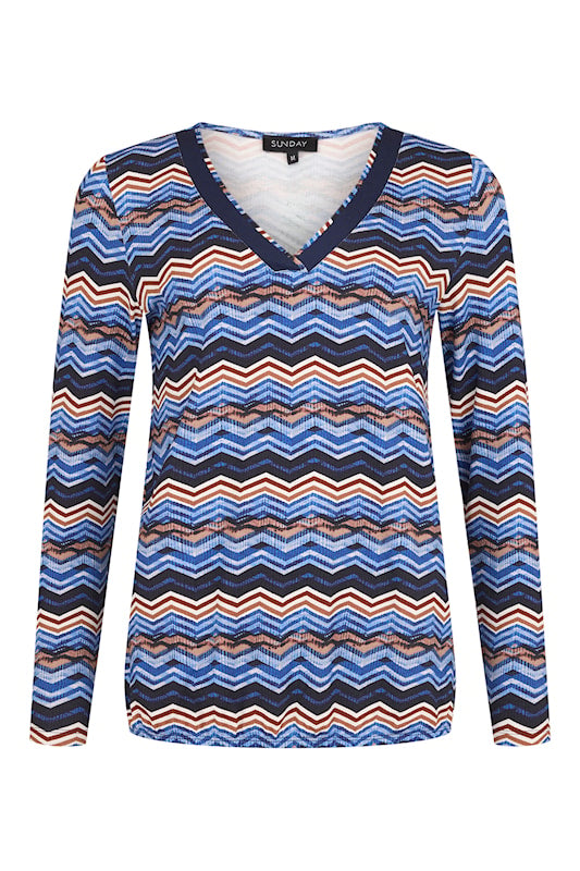 6355-6602 v nck with navy trim stripe top Blue