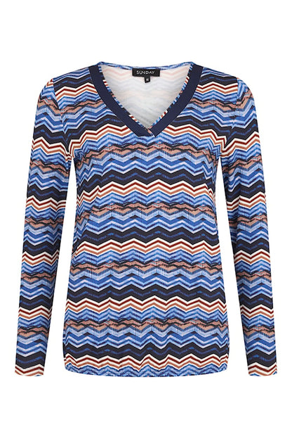 6355-6602 v nck with navy trim stripe top Blue