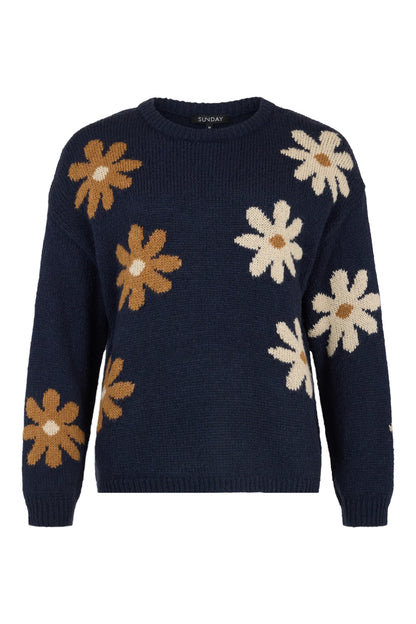 6454/6661 FLOWER PRINT O-NECK JUMPER Navy