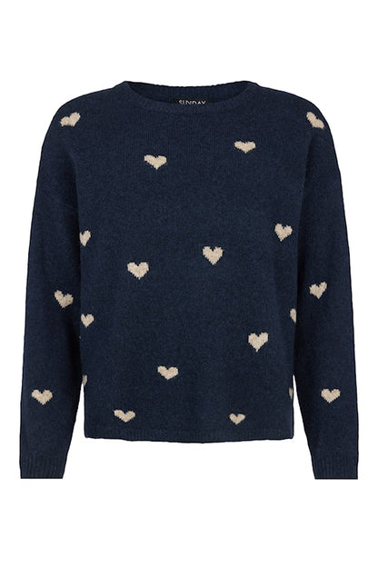 6484/6660 HEART DESIGN O-NECK WARM JUMPER Navy/Beige