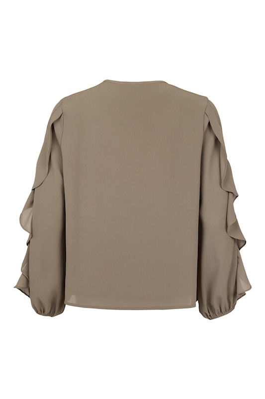 6549/6675 FRILL SLEEVE BUTTON O-NECK CREPE TOP Black