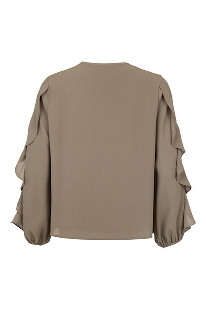 6549/6675 FRILL SLEEVE BUTTON O-NECK CREPE TOP Black