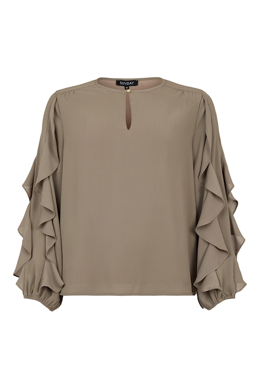 6549/6675 FRILL SLEEVE BUTTON O-NECK CREPE TOP Black
