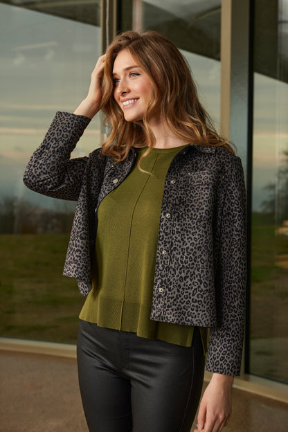 6880/6438 Leopard Print Faux Suede Jacke Grey