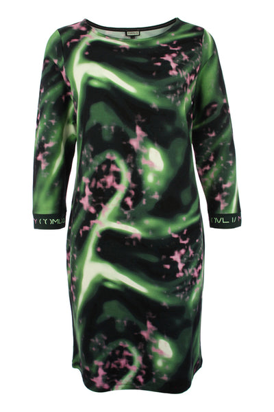 720130 Straight Print L/S Dress Black/Green