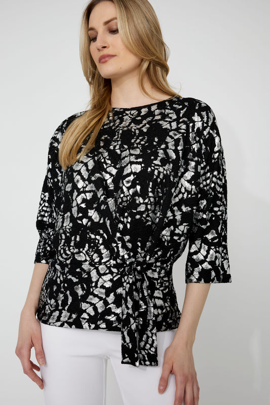 34006 Foil Print Knot Front Peplum Top Black/Silver