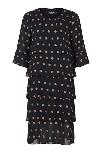 80007 3/4 sleeve layered dress with spot detail Black/Brown