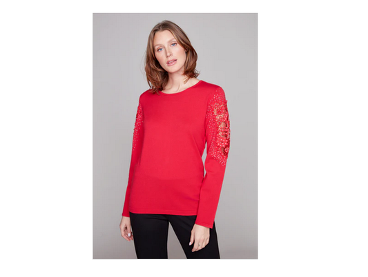8240 Lace Slve O-Neck Roll Seam Red