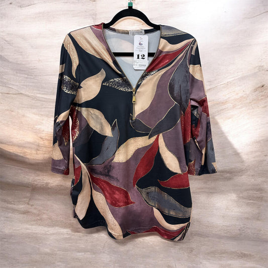 905479 Silky Feel Print Zip Neck Top Grey/Wine
