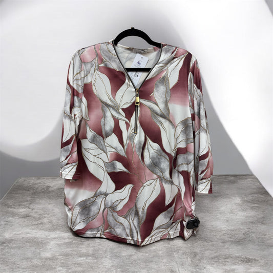 905479 Silky Feel Print Zip Neck Top Wine/Cream