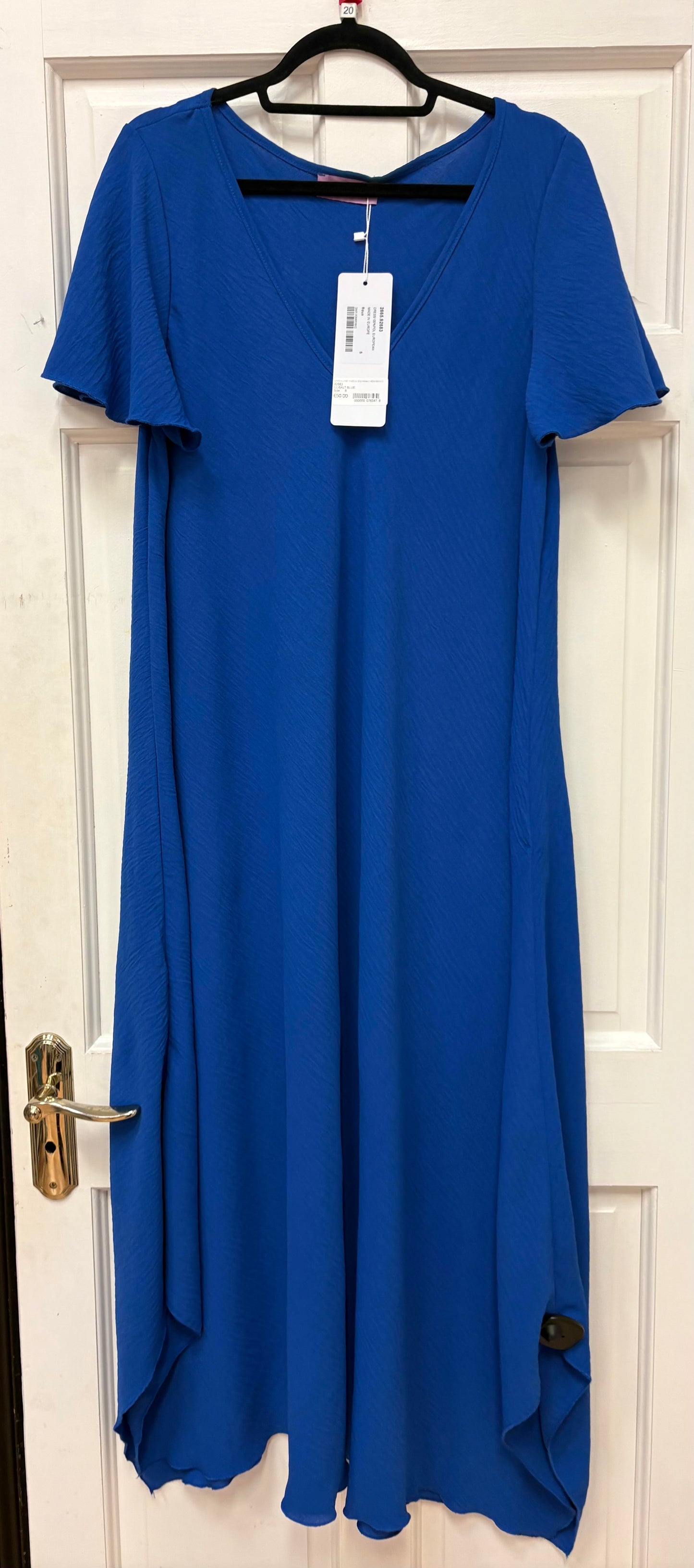 92683 A-Line V-Neck S/S Hanky Hem Maxi D Cobalt Blue