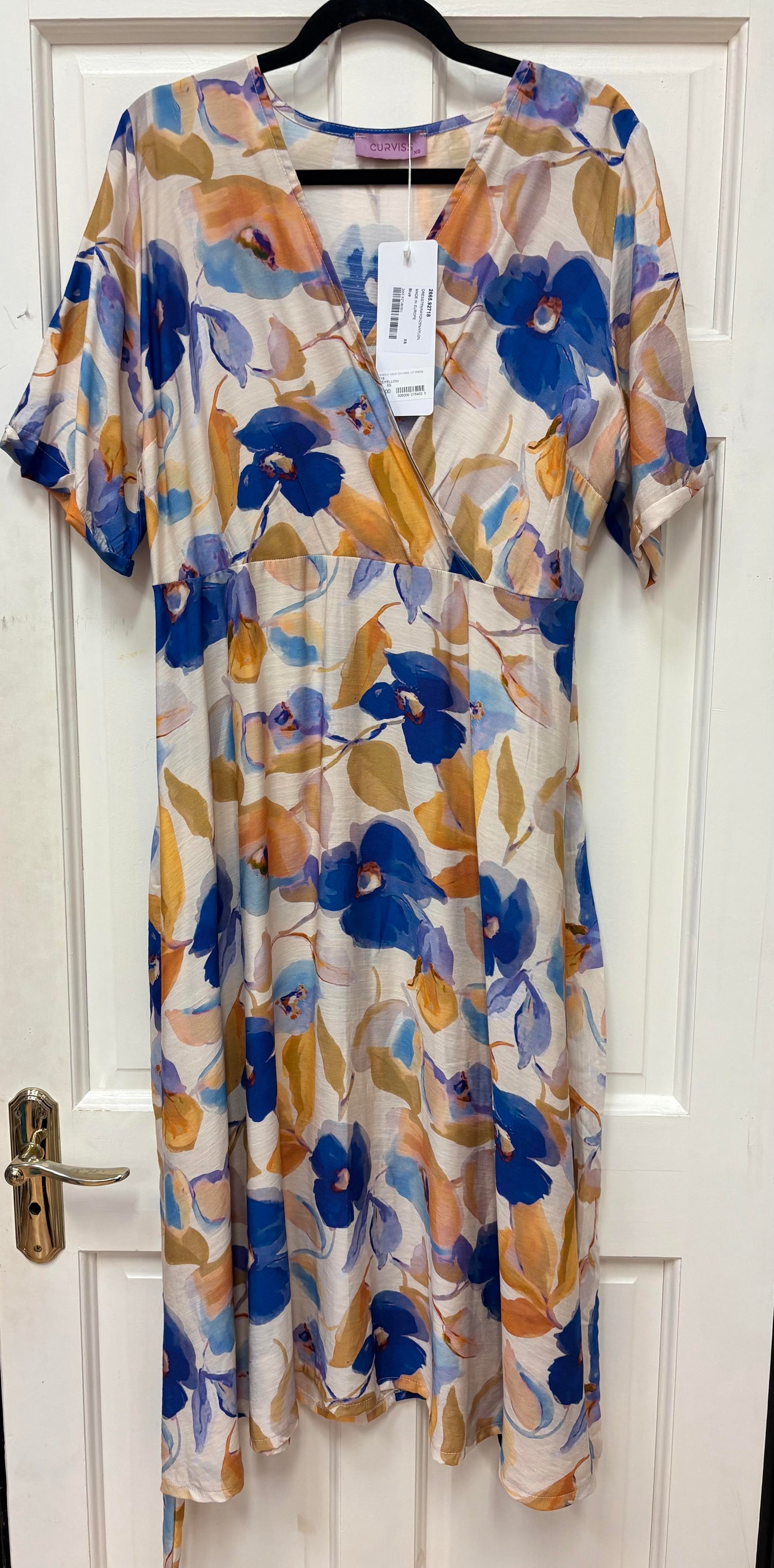 92718 Mock Wrap S/S Knee Lgt Dress Blue/Yellow