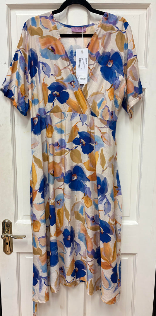 92718 Mock Wrap S/S Knee Lgt Dress Blue/Yellow