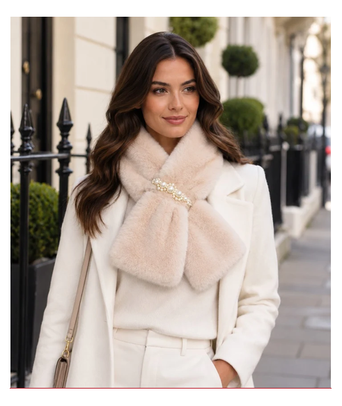 Any006 ANYA FUR SCARF WITH PEARL CLOSE GLITTERY THREAD Beige