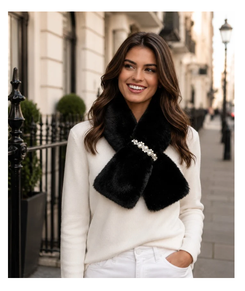 Any006 ANYA FUR SCARF WITH PEARL CLOSE GLITTERY THREAD Black