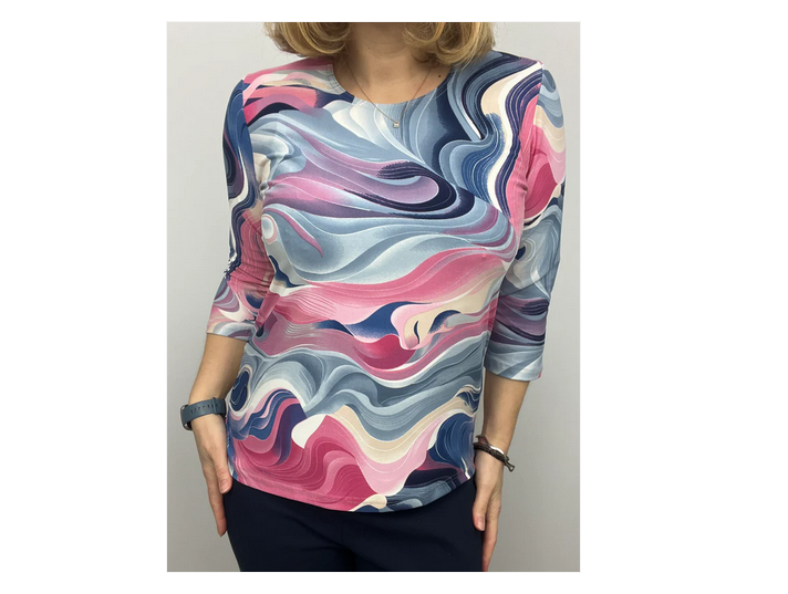 Asd301 PRINT O-NECK 3/4 SLVE TOP Pink/Blue