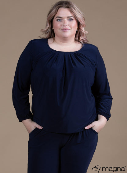 B-8022-Solid ELASTIC BOTTOM PLEATED NECK BASIC TOP Black