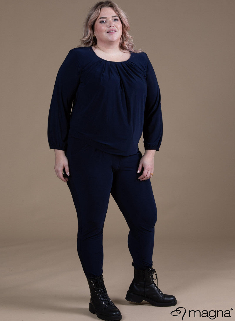 B-8022-Solid ELASTIC BOTTOM PLEATED NECK BASIC TOP Black