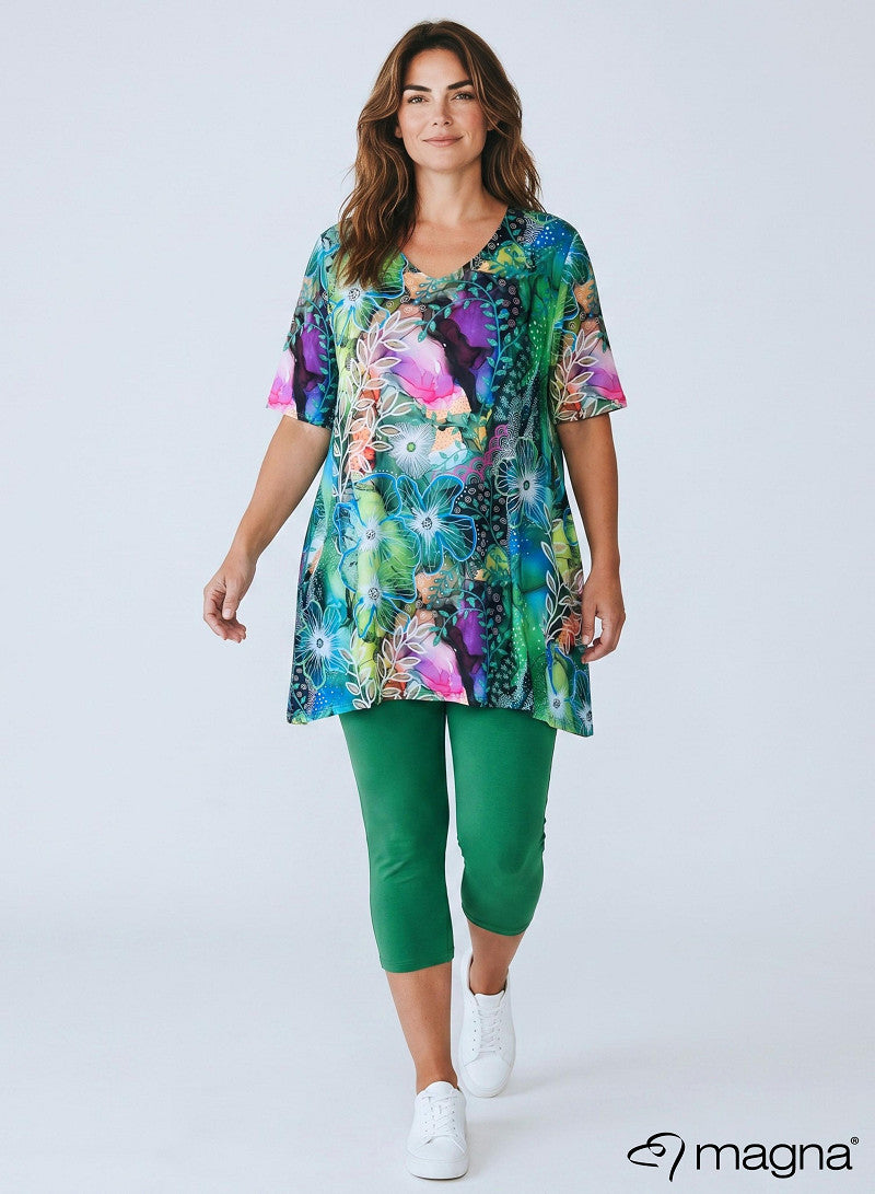 C-4015 PRINTED HANKY HEM POCKET TUNIC TOP Green