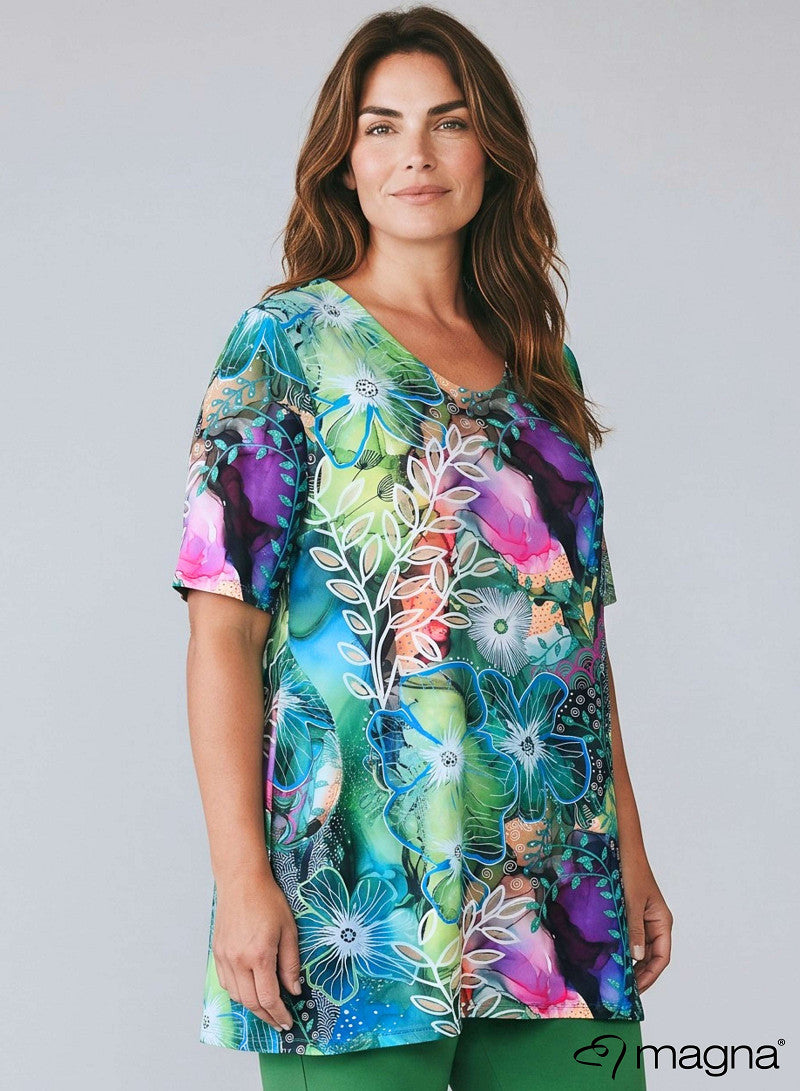 C-4015 PRINTED HANKY HEM POCKET TUNIC TOP Green