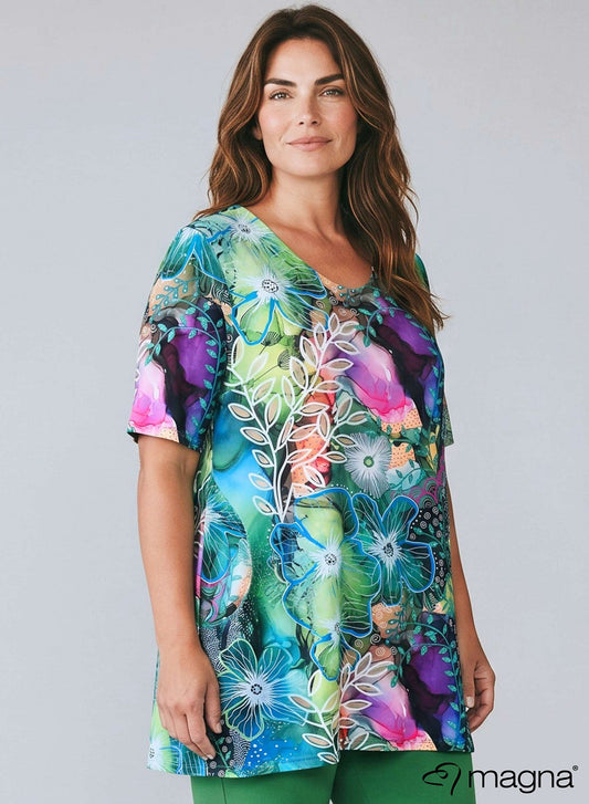 C-4015 PRINTED HANKY HEM POCKET TUNIC TOP Green