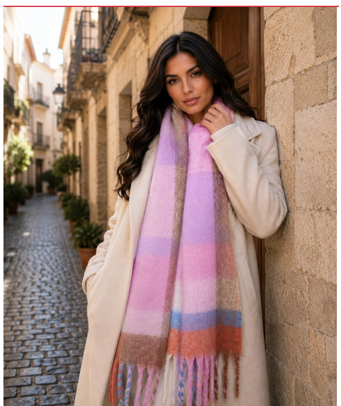 Car013 CARSON FRINGED CHECK BLACKET SCARF Pink