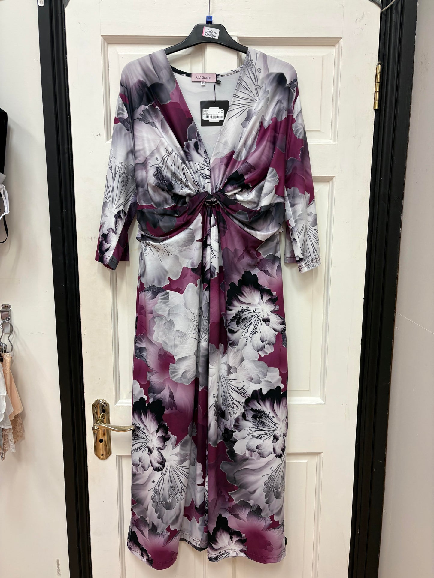 Cd952 MAXI SOFT DRESS KNOT FRONT Pink/Grey