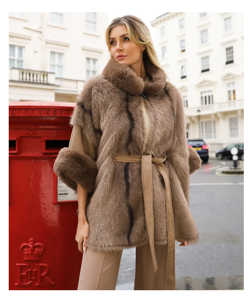 Cla005 BELTED CAPE WITH FUR/SUEDE Brown