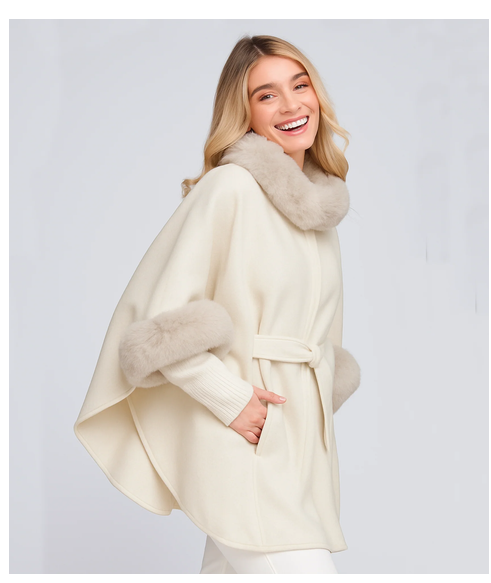 Daw003 FUR TRIM BELTED FELT CAPE Beige