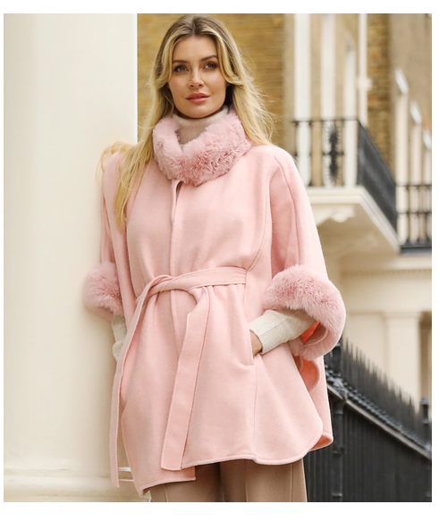 Daw003 FUR TRIM BELTED FELT CAPE Pink