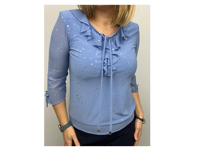 Ed205 RUFFLE NECK 3/4 SLVE PRINTED TOP Baby Blue