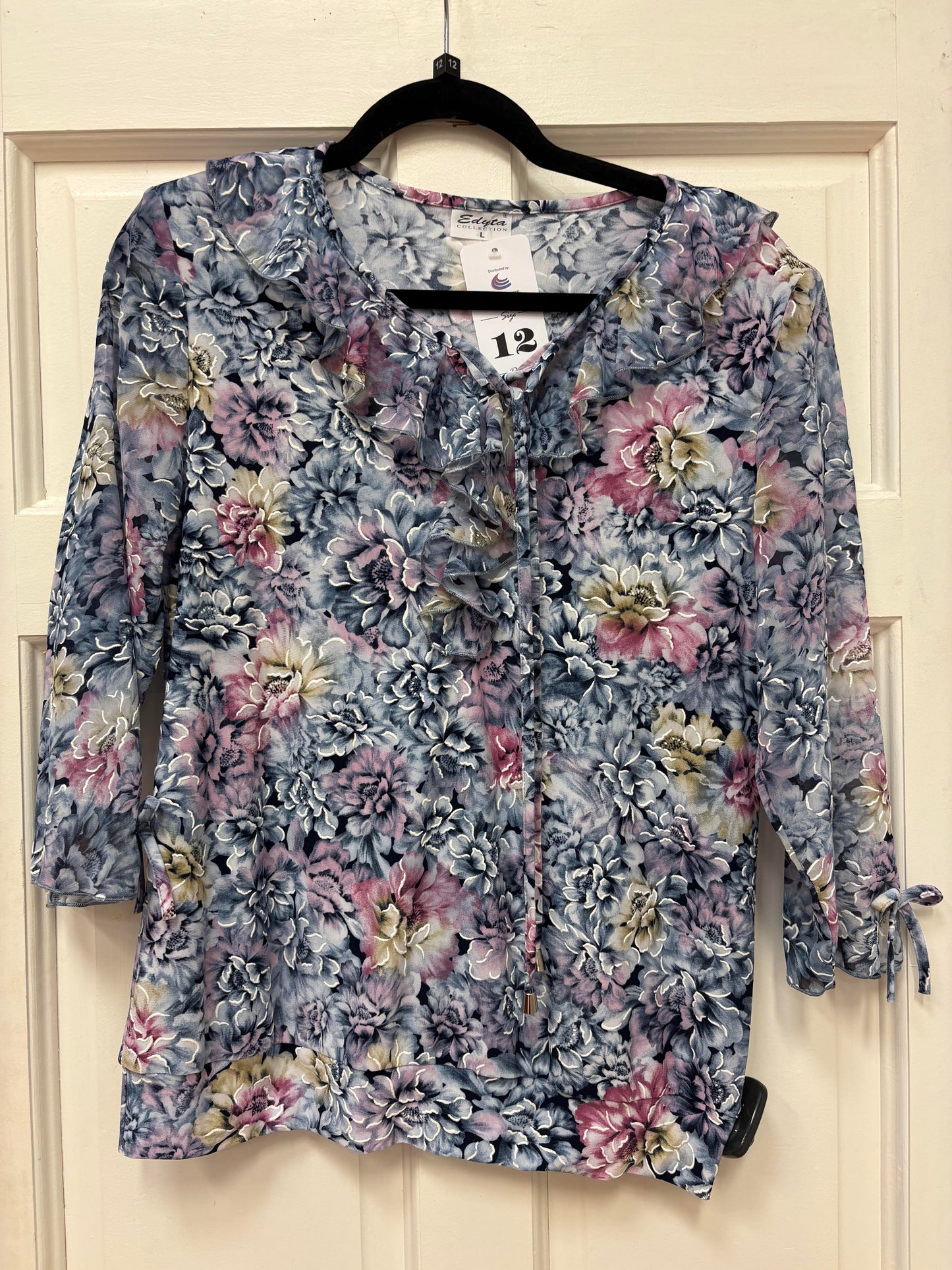 Ed205 RUFFLE NECK CHIFFON PRINTED TOP Pink/Blue